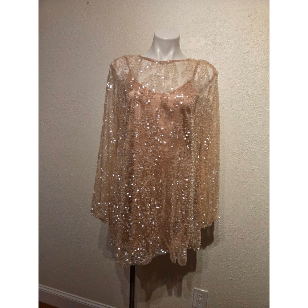 MABLE Sequin Mini Dress Rose Gold Champagne Long Bell Sleeve Party NWT
